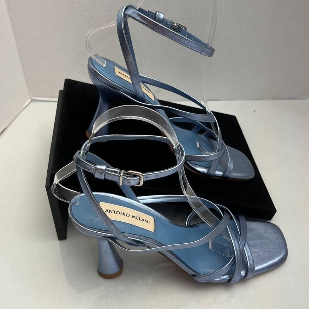 Antonio Melani Nicolyn Metallic Leather Strappy Sandals Blue Square Toe 6.5M